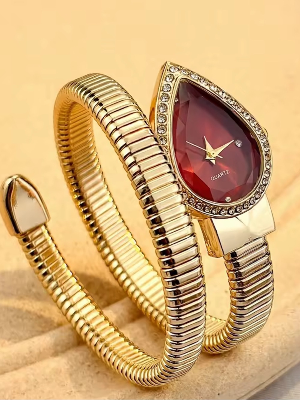 Luxury Red Crystal Snake Wrap Watch | Gold Tone Cuff Bracelet Watch for Women
